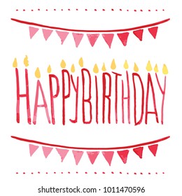Vector watercolor illustration of Happy Birthday red card design with candle light, ribbons and spots