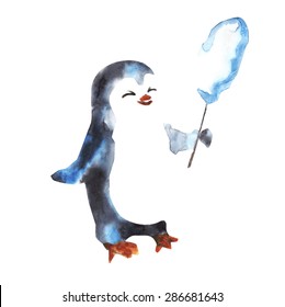 Vector watercolor illustration of a happy penguin with ice. Cute hand drawn character.