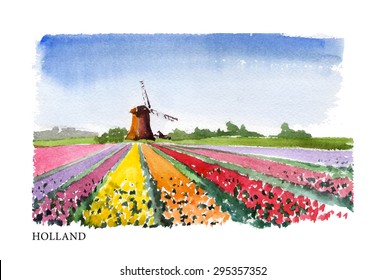 Vector watercolor illustration of Holland sightseeings with text place. Good for warm memory postcard design, any graphic design or book illustration. Skyscraper. outdoor, downtown, street, village.