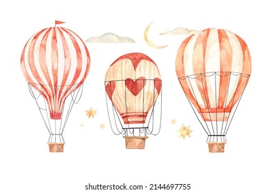 Vector watercolor illustration - hot air balloons in the sky. Collection with retro airship. Sky adventure with clouds, stars and moon. Perfect for baby prints, kid posters, home decor, invitations 