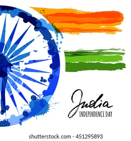 Vector watercolor illustration of India flag and hand drawn calligraphy. Holiday poster with ashoka wheel and indian flag. Design for banner or greeting cards. India Independence Day background. 