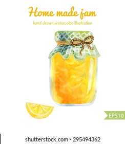 Vector watercolor illustration of a jar of home made lemon jam with checked fabric, decorative rope and a slice of fresh lemon. Hand drawn isolated food object on white background. Sweet tasty dessert