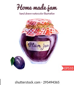 Vector watercolor illustration of a jar of home made plum jam with checked fabric, decorative rope and a ripe plum. Hand drawn isolated food object on white background. Sweet tasty dessert.