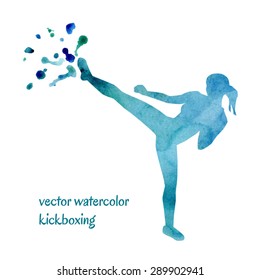 Vector watercolor illustration of kickboxing woman. Bright blue silhouette of a slim girl doing side kick. Colorful artistic drips and stains with ragged edges.