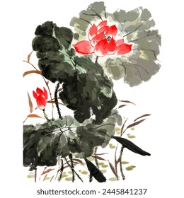 Vector watercolor illustration of of lotus flower composition. Chinese ink and wash painting.
