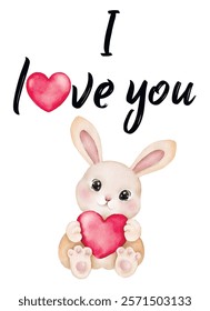 vector watercolor illustration 
I love you text and bunny with heart