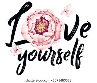 vector watercolor 
illustration Love yourself text and peony