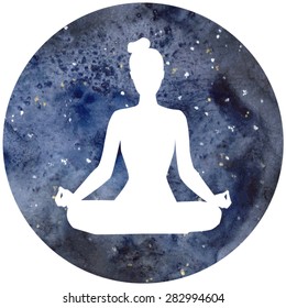 Vector watercolor illustration of meditation. White silhouette of meditating woman on circle watercolor space texture. Lotus position.