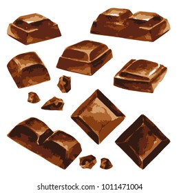 Vector watercolor illustration milk chocolate block and crumbs set
