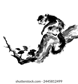 Vector acuarela ilustración de mono en el árbol. Tinta china y pintura de lavado.
