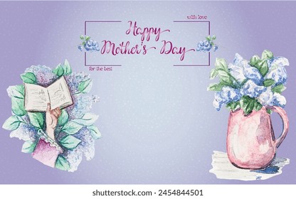 Vector watercolor illustration: a Mother's Day greeting card featuring a lilac branch and a hand holding an open book. Perfect for expressing love and appreciation. Happy Mother's Day