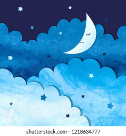 Vector watercolor illustration of night sky with stars, clouds and moon.