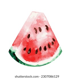 The Vector watercolor illustration of one red and green slice fresh watermelon with brown seeds isolated on a white background