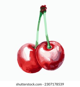 A Vector watercolor illustration of pair of red cherries with green stems isolated on a white background