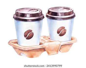 Vector Watercolor illustration of Paper Coffee Cups in Holder isolated on white background.