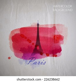 vector watercolor illustration of Paris Eiffel tower on the old wrinkled paper background