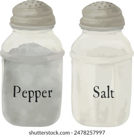 Vector Watercolor illustration, pepper shaker, salt shaker for creative cooking, invitation, greeting cards, birthday, event, holiday, menu; cooking class; Master Class