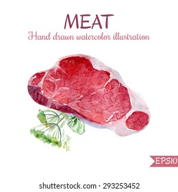 Vector watercolor illustration of raw red meat. Hand drawn realistic steak with greenery and dill. Artistic isolated food object for menu design and culinary recipe.  