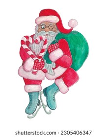 vector watercolor illustration of santa claus on ice skating with a bag of gifts with sugar canes in the form of a heart. Design element for print and Christmas decorations