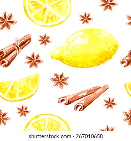 Vector watercolor illustration. Seamless vector background.Lemon.
