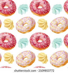 Vector watercolor illustration of seamless pattern with colorful donuts with glaze and sprinkles.