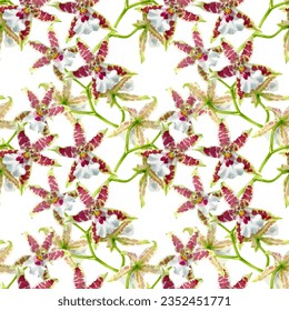 Vektorwasserfarbige Illustration nahtloser Muster mit orchiden Blumen auf weißem Hintergrund.
