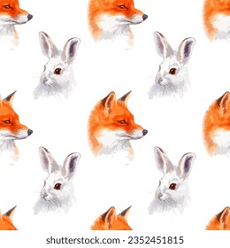 Vector watercolor illustration of seamless pattern with hare and fox portraits.