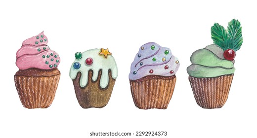 Vector watercolor illustration set of chocolate holiday cakes with cream, icing and decor. Confectionery for Christmas and birthday.