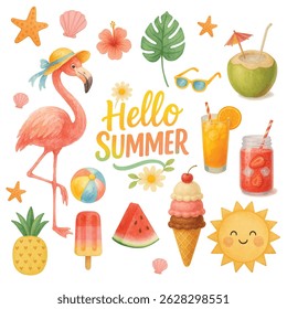 vector watercolor illustration set of cute summer icons: food, drinks, ice cream, fruits and flamingo. Bright summertime poster. Collection of scrapbooking elements for beach party