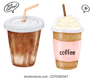 Vector Watercolor illustration set of Iced coffee and latte plastic cups to go with whipped cream and lettering