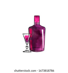 Vector watercolor illustration set of liquors bottle and glass