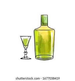 Vector watercolor illustration set of liquors bottle and glass