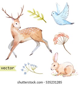 Vector watercolor  illustration set of prancing deer, plants and cute rabbit, bird