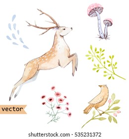 Vector watercolor  illustration set of prancing deer, mushrooms, bird on a branch