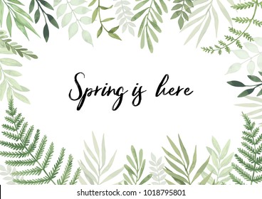 Vector watercolor illustration. Spring is coming. Botanical frame with green leaves, branches and herbs. Floral Design elements. Perfect for invitations, greeting cards, prints, posters, packing