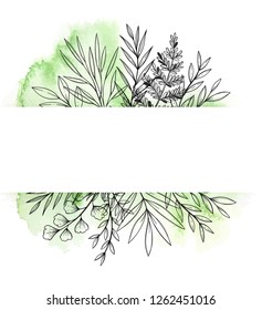 Vector watercolor illustration. Spring is coming. Botanical frame with green watercolor background, floral branches and leaves. Perfect for invitations, greeting cards, prints, posters, packing