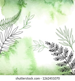 Vector watercolor illustration. Spring is coming. Botanical frame with green watercolor background, floral branches and leaves. Perfect for invitations, greeting cards, prints, posters, packing