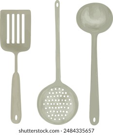 Vector Watercolor illustration, steel, slotted spoon, spatula, kitchenware, tableware, utensils, set for creative cooking, utensils. Invitation, greeting cards, birthday, event, holiday, menu; cooking