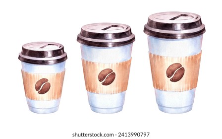 Vector Watercolor ilustración de quitar tazas de café de papel en tres tamaños aisladas sobre fondo blanco.