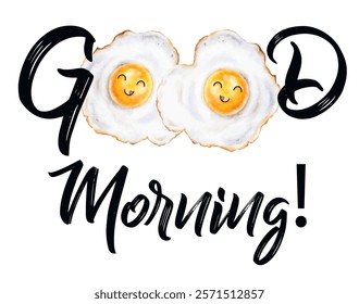 vector watercolor illustration text
good morning with eggs, funny faces eggs, fried eggs, good with eggs innstead of letters, happy, thick font, isolated on white, quote,inscription, best wishes