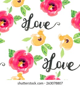 Vector watercolor illustration for textile and different holidays. Floral seamless background texture with watercolor peonies, pattern on the blurred background. Pink, yellow peonies, lettering