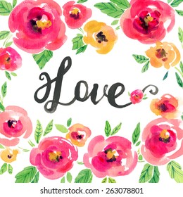 Vector watercolor illustration for Valentine's day, Women's Day, wedding ,birthday, other holiday. Design elements with flower wreath on the white background. Pink, yellow peonies, lettering