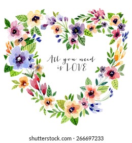 Vector watercolor illustration for Valentine's day, Women's Day, wedding ,birthday, other holiday and cute summer card. Floral element with watercolor flower wreath like heart. Isolated