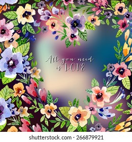 Vector watercolor illustration for Valentine's day, Women's Day, wedding ,birthday, other holiday and cute summer card on blur background. Floral element with watercolor flower wreath like heart