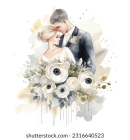 Vector acuarela ilustración muy linda pareja de bodas casada con flores de color aislado en el fondo blanco del arte clip.