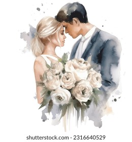 Vector watercolor illustration very cute wedding couple married with flowers colorful isolated on white background clip art.