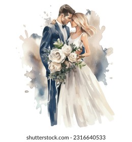 Vector watercolor illustration very cute wedding couple married with flowers colorful isolated on white background clip art.