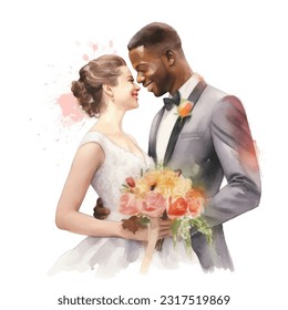 Vector acuarela ilustración muy linda matrimonio negro pareja casada con flores coloridas aisladas en el fondo blanco del arte clip.