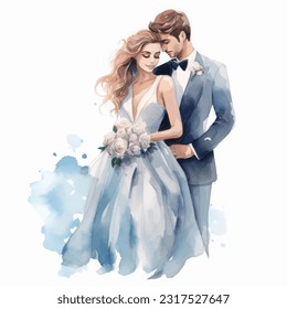 Vector watercolor illustration very cute wedding couple married with flowers colorful isolated on white background clip art.