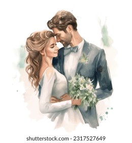 Vector watercolor illustration very cute wedding couple married with flowers colorful isolated on white background clip art.